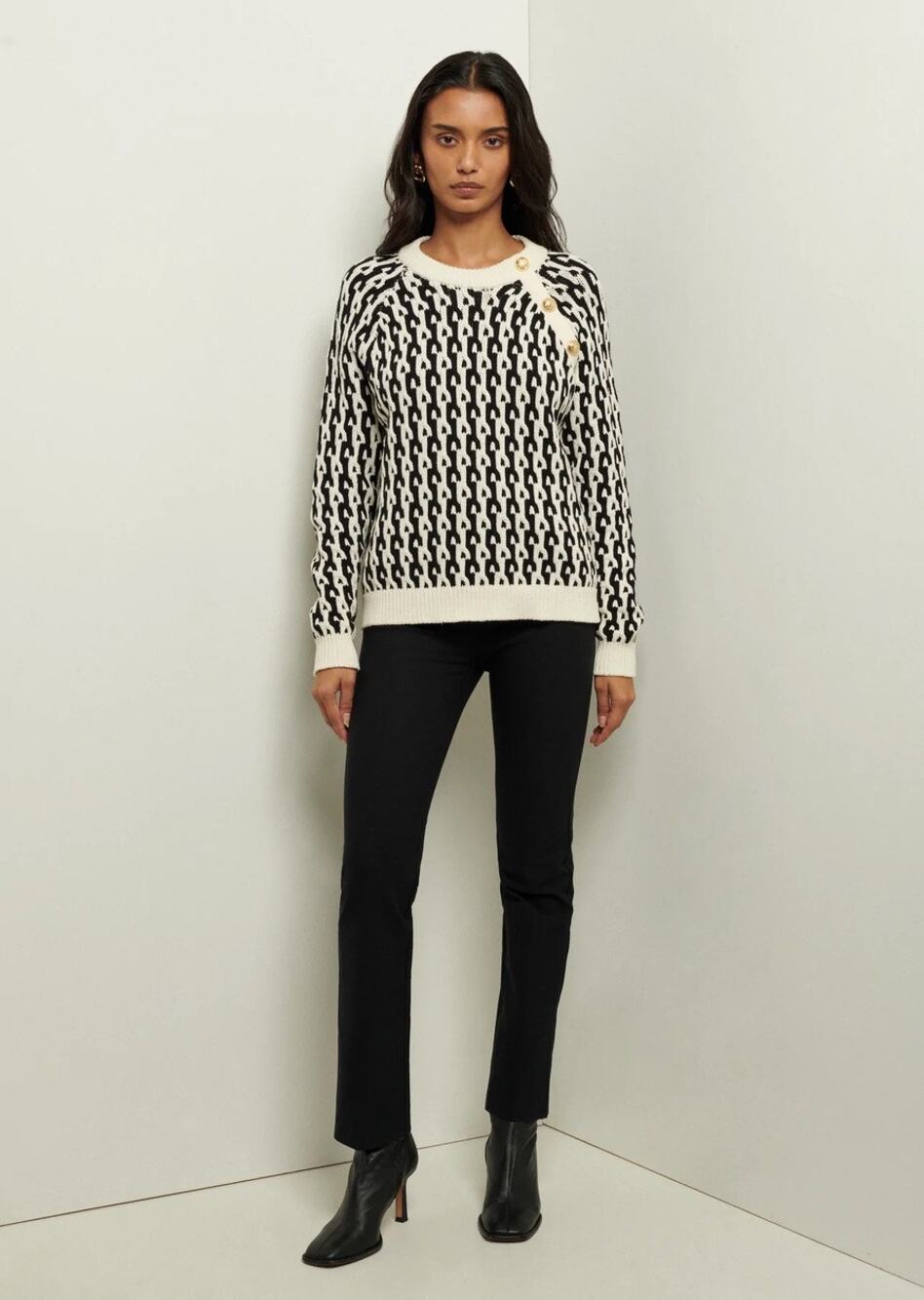 DEREK LAM 10 Crosby Sawyer Black Ivory Long Sleeves Gold Button Sweater Size XXL